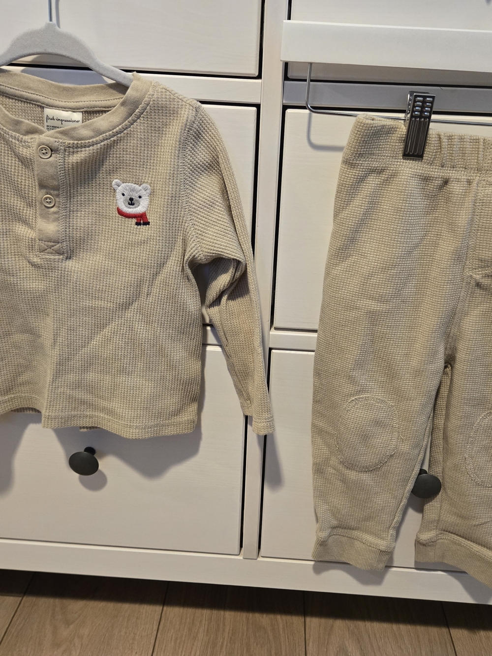 First Impressions Beige Waffle Knit Bear Patch Matching Set
